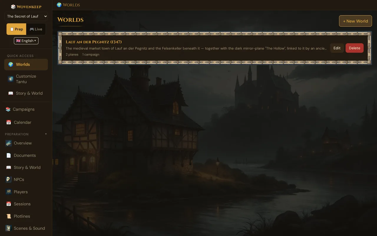 The Worlds list with the demo world Lauf an der Pegnitz (1347): planes, campaigns, Edit and Delete, top right + New World