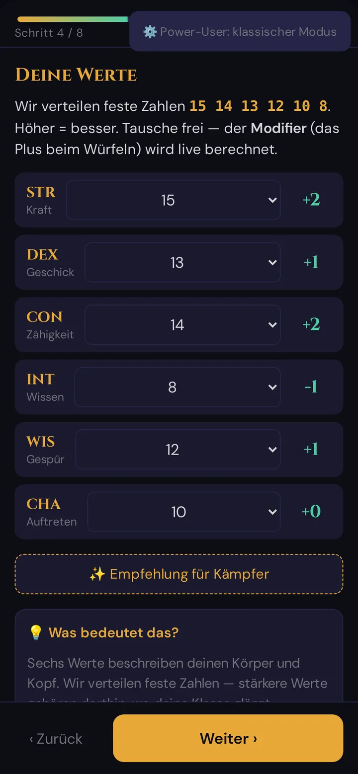 Geführter Assistent am Handy, Schritt 4 von 8: Deine Werte mit dem Standard-Array, Live-Modifikatoren und dem Knopf Empfehlung für Kämpfer