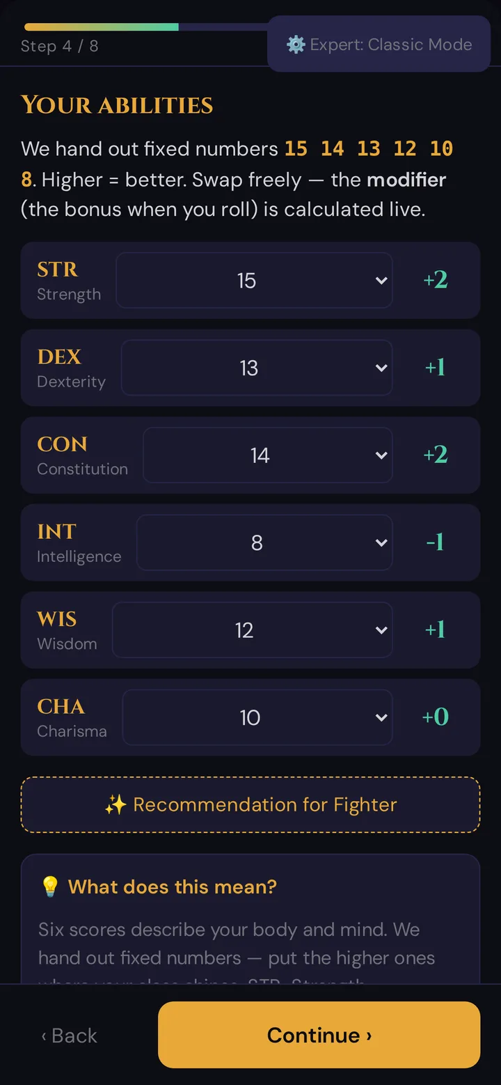 Guided wizard on the phone, step 4 of 8: Your abilities with the standard array, live modifiers and the Recommendation for Fighter button