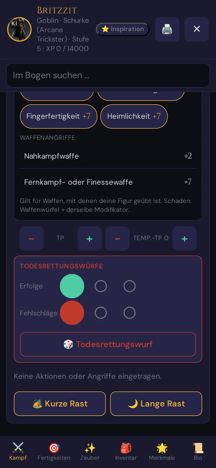 Der Reiter Kampf bei 0 Trefferpunkten: die Karte Todesrettungswürfe mit einem Erfolg, einem Fehlschlag und der Schaltfläche 🎲 Todesrettungswurf