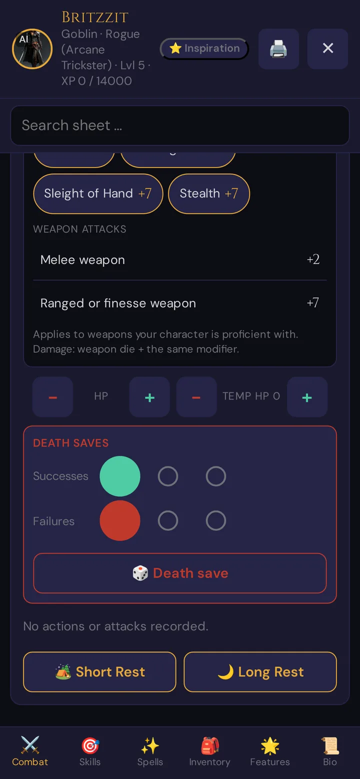 The Combat tab at 0 HP: the Death Saves card with one success, one failure and the 🎲 Death save button