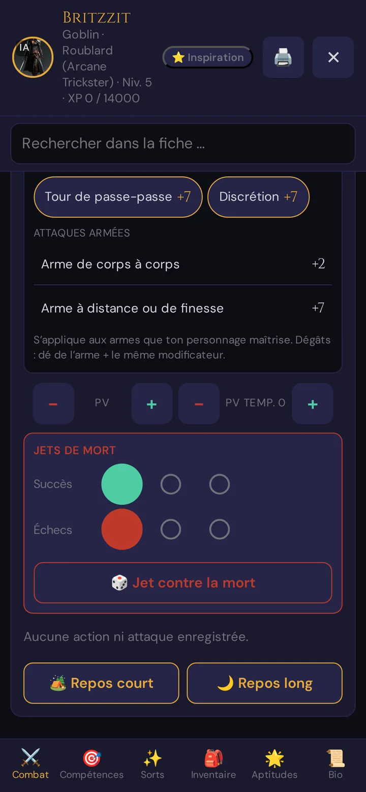 L’onglet Combat à 0 PV : la carte Jets de mort avec un succès, un échec et le bouton 🎲 Jet contre la mort