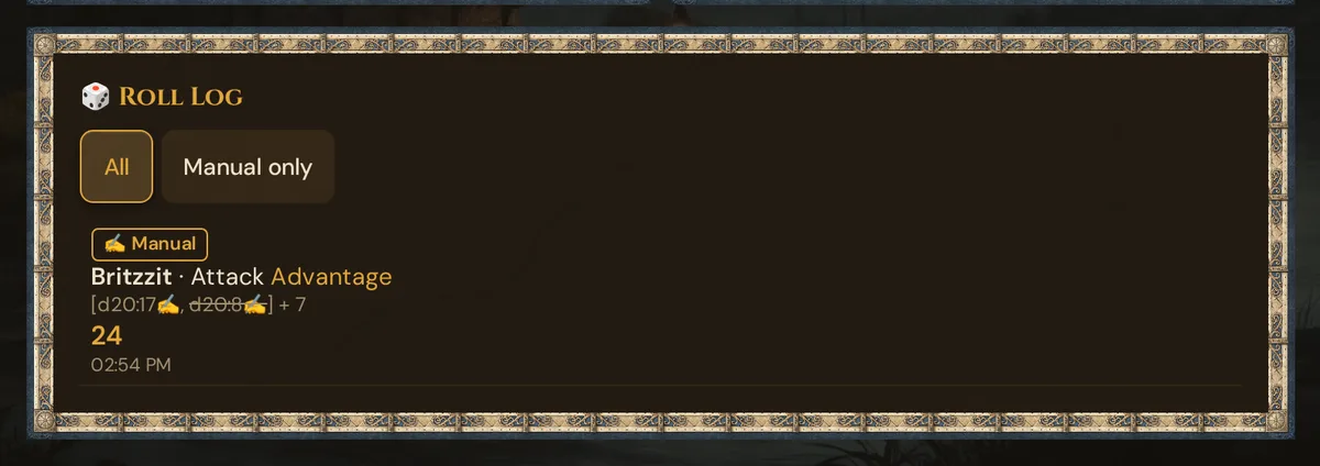 The GM's Roll Log with a real-dice attack roll with advantage