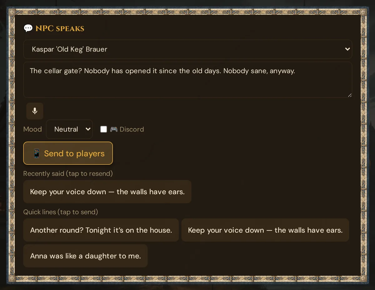 The 💬 NPC speaks card in the live view: Kaspar selected, a typed line, Recently said and Quick lines