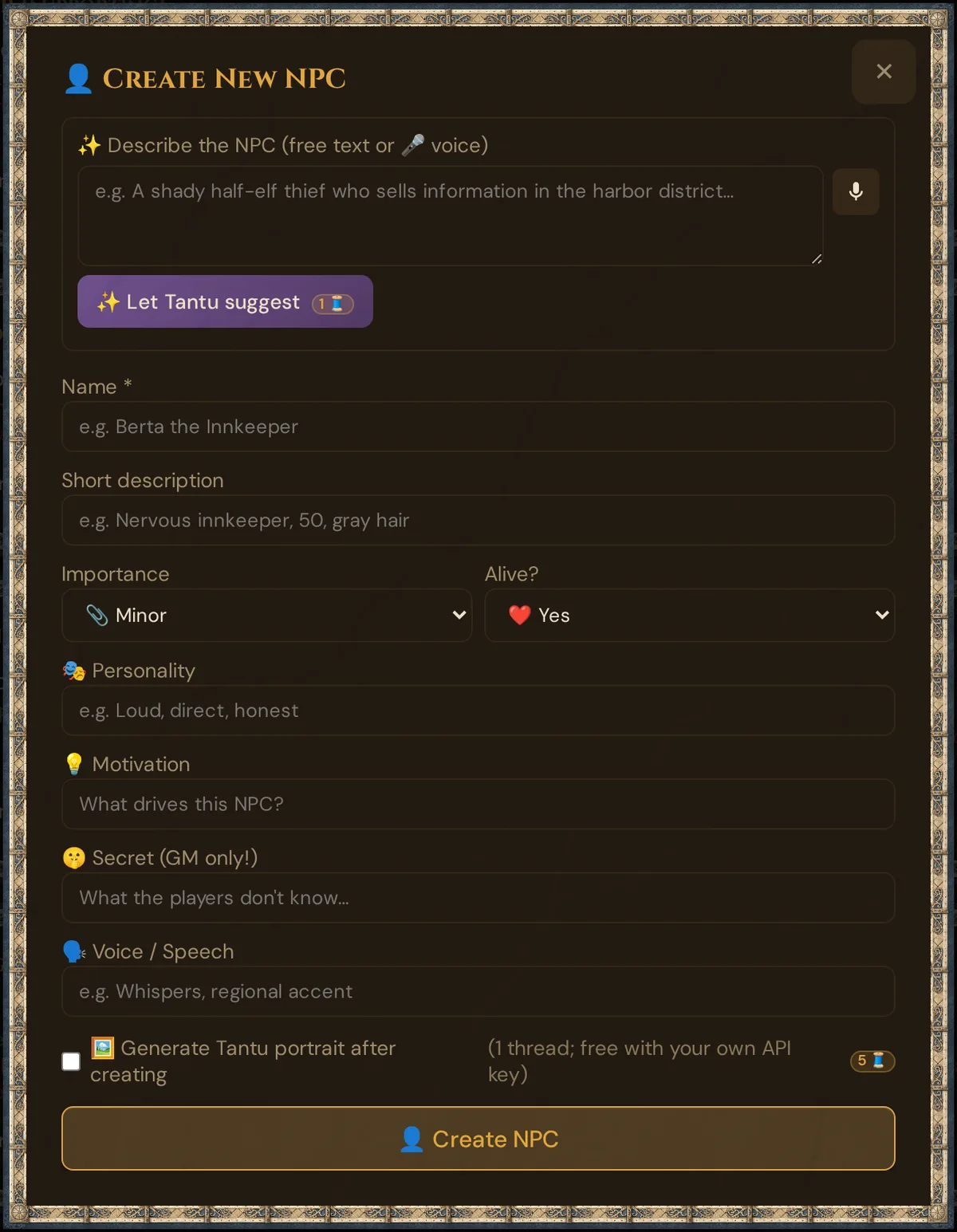 The Create New NPC form: description box for Tantu at the top, then name, short description, importance, alive, personality, motivation, secret, voice and the portrait checkbox