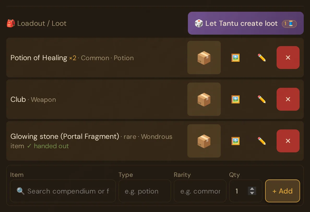Kaspar's Loadout / Loot: three items, one of them marked handed out, and the row for adding items
