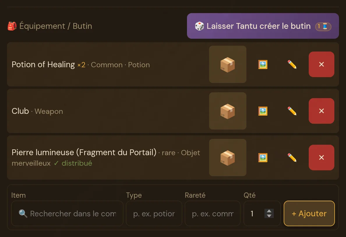Équipement / Butin de Kaspar : trois objets, dont un distribué, et la ligne pour en ajouter