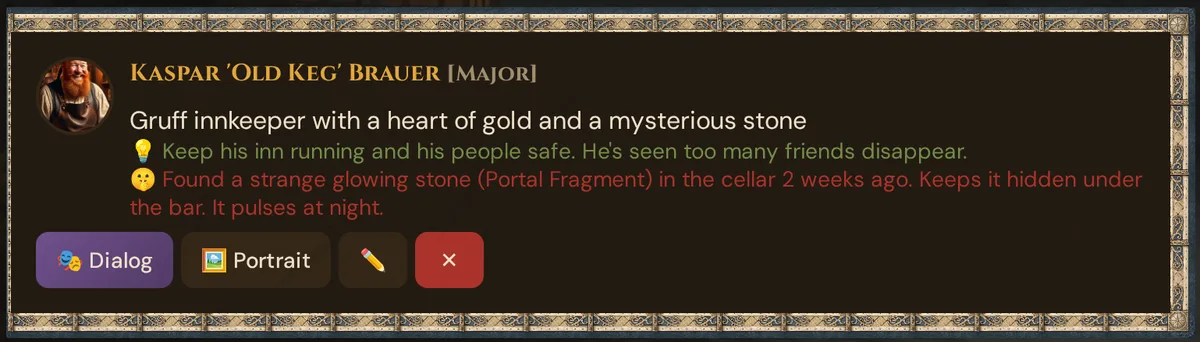 NPC card for Kaspar with portrait, importance, motivation (💡), secret (🤫) and the Dialog, Portrait, ✏️ and ✕ buttons
