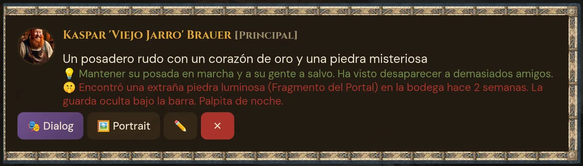 Tarjeta de PNJ de Kaspar con retrato, importancia, motivación (💡), secreto (🤫) y los botones Dialog, Portrait, ✏️ y ✕