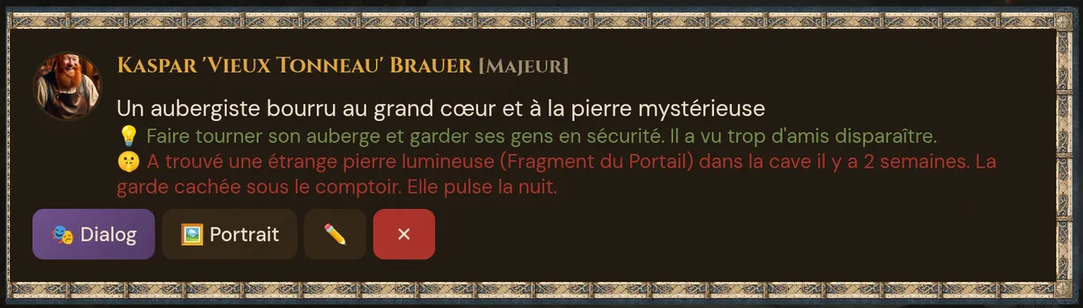 Carte de PNJ de Kaspar avec portrait, importance, motivation (💡), secret (🤫) et les boutons Dialog, Portrait, ✏️ et ✕
