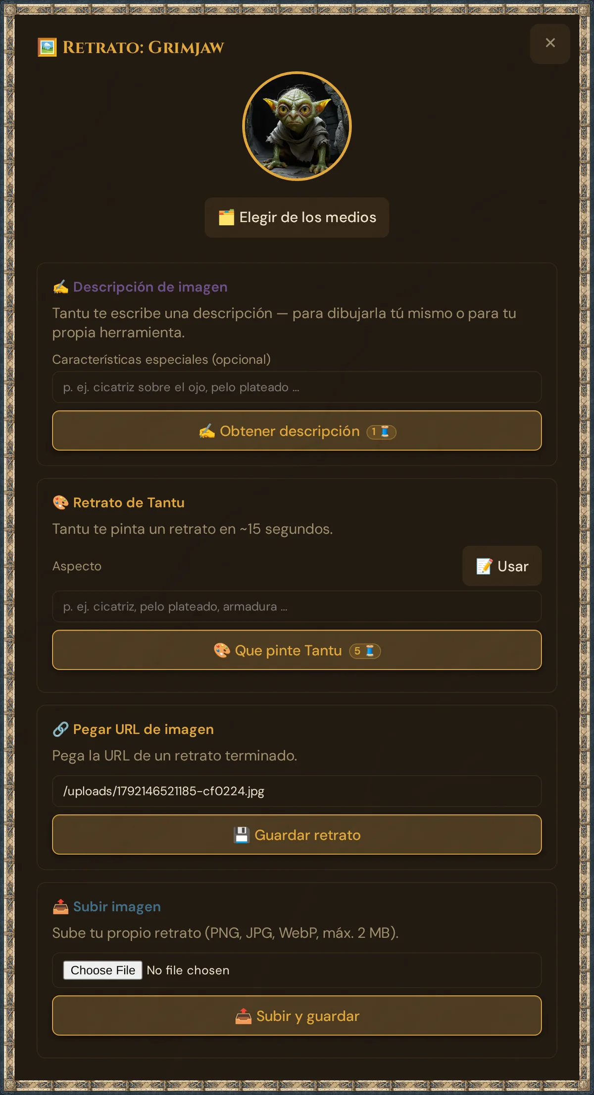 Ventana de retrato de Grimjaw: el retrato actual con 🗂️ Elegir de los medios debajo, luego los recuadros Descripción de imagen (Obtener descripción, 1 🧵), Retrato de Tantu (Usar, Que pinte Tantu, 5 🧵), Pegar URL de imagen con la dirección de la imagen elegida y Guardar retrato, y Subir imagen con Subir y guardar