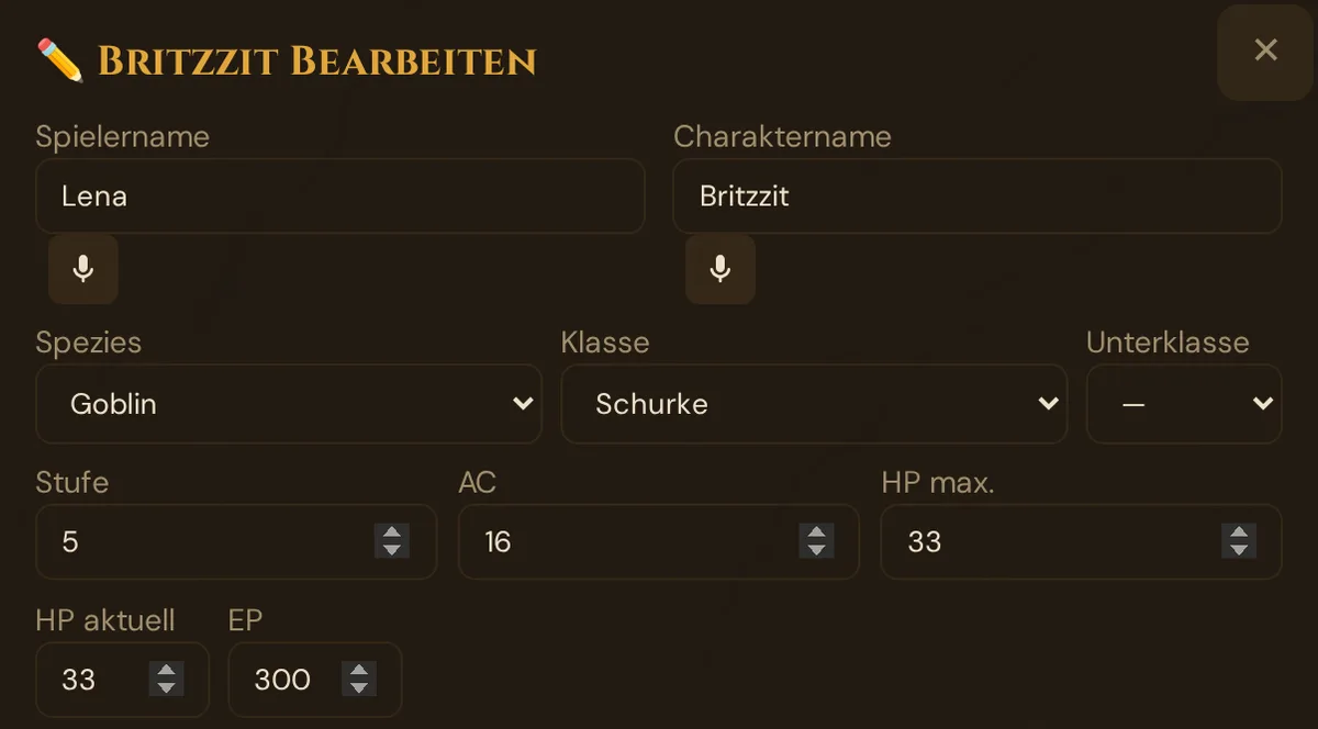 Der obere Teil des Bearbeiten-Fensters eines Spielercharakters: Spielername, Charaktername und die übrigen Felder bis EP
