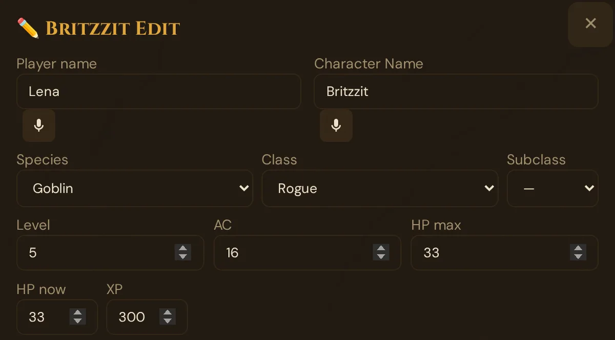 The top of the edit window of a player character: Player name, Character name and the other fields down to XP