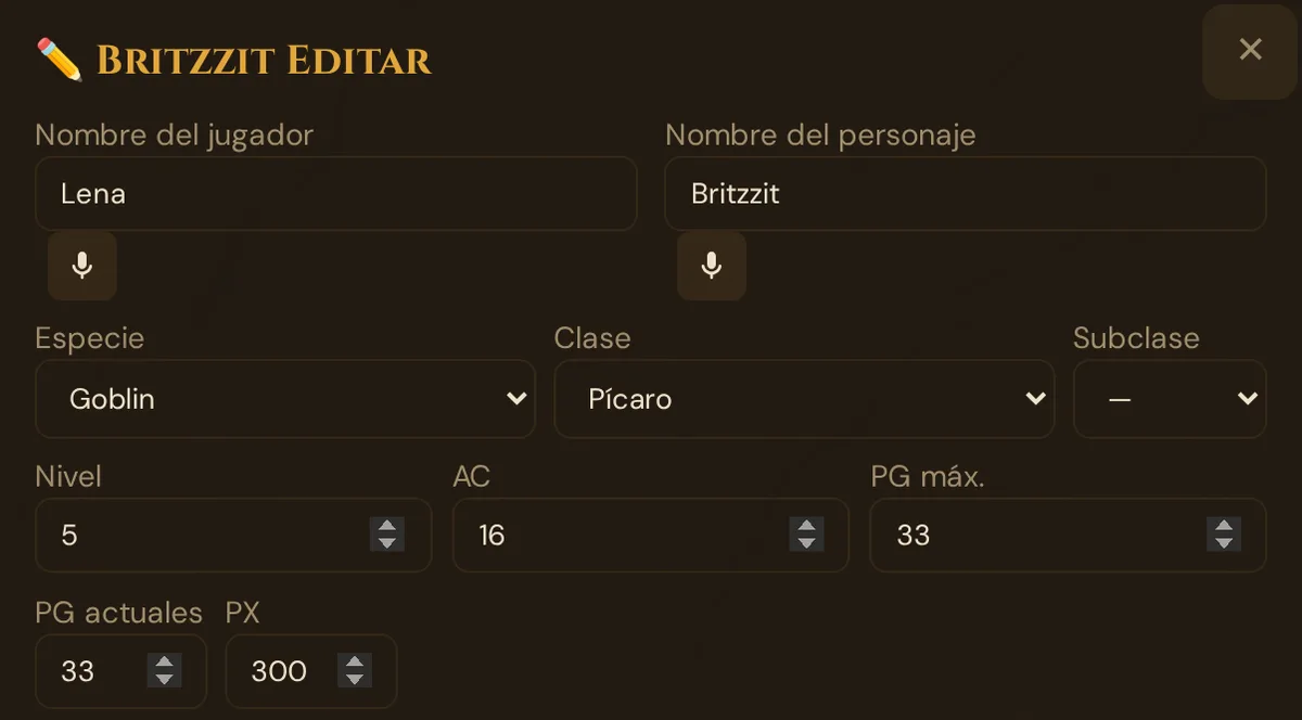 La parte superior de la ventana de edición de un personaje jugador: Nombre del jugador, Nombre del personaje y los demás campos hasta PX