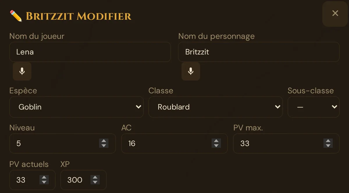 Le haut de la fenêtre de modification d'un personnage joueur : Nom du joueur, Nom du personnage et les autres champs jusqu'à XP