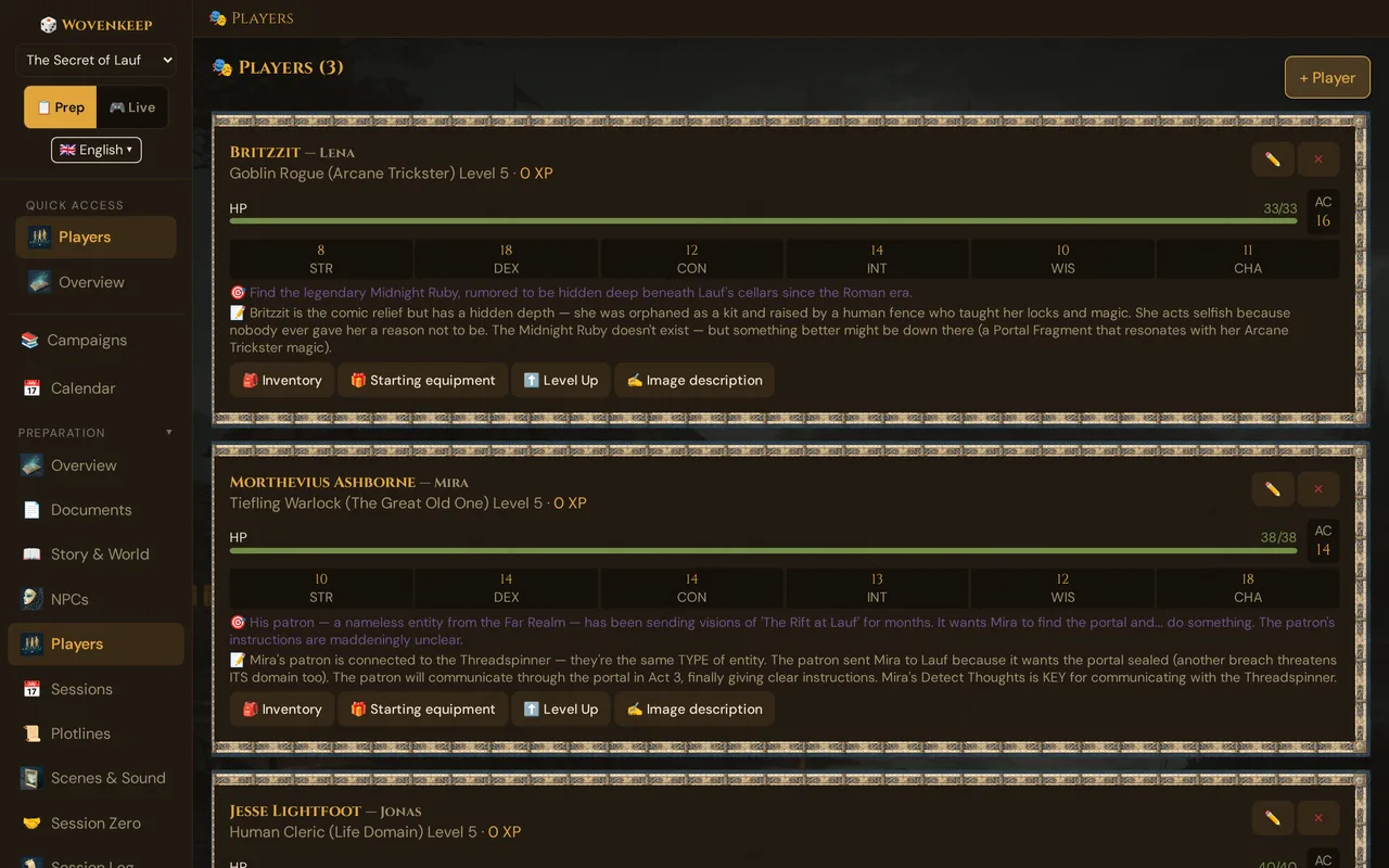 The Players list with character cards, HP bars and the Inventory, Starting equipment, Level Up and Image description buttons