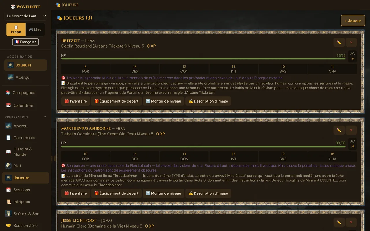 La liste des joueurs avec les fiches de personnage, les barres de points de vie et les boutons Inventaire, Équipement de départ, Monter de niveau et Description d'image