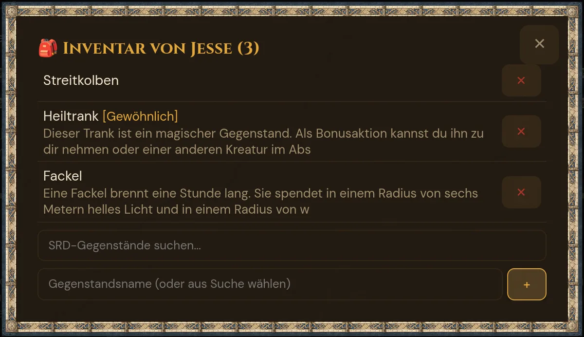 Inventar-Fenster von Jesse: drei Gegenstände, die SRD-Suche und das Feld für eigene Gegenstandsnamen