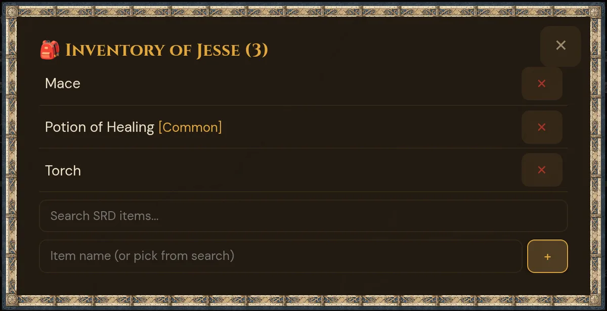 Jesse's inventory window: three items, the SRD item search and the field for your own item names