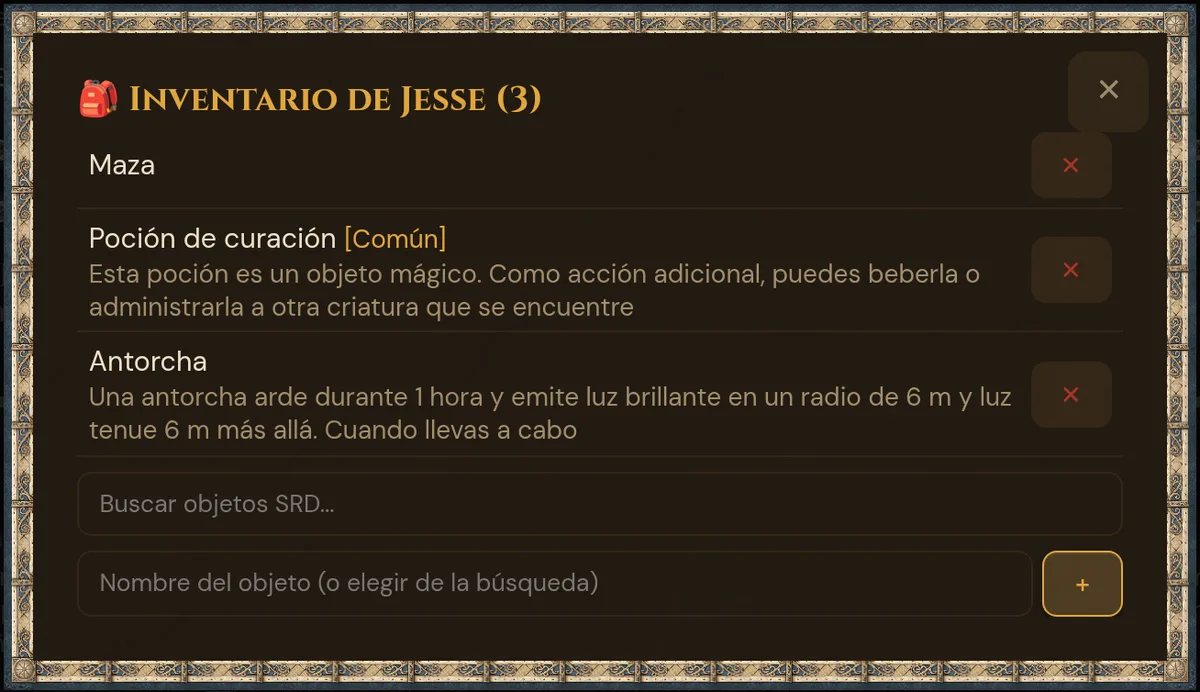 Ventana de inventario de Jesse: tres objetos, la búsqueda de objetos SRD y el campo para tus propios nombres de objeto
