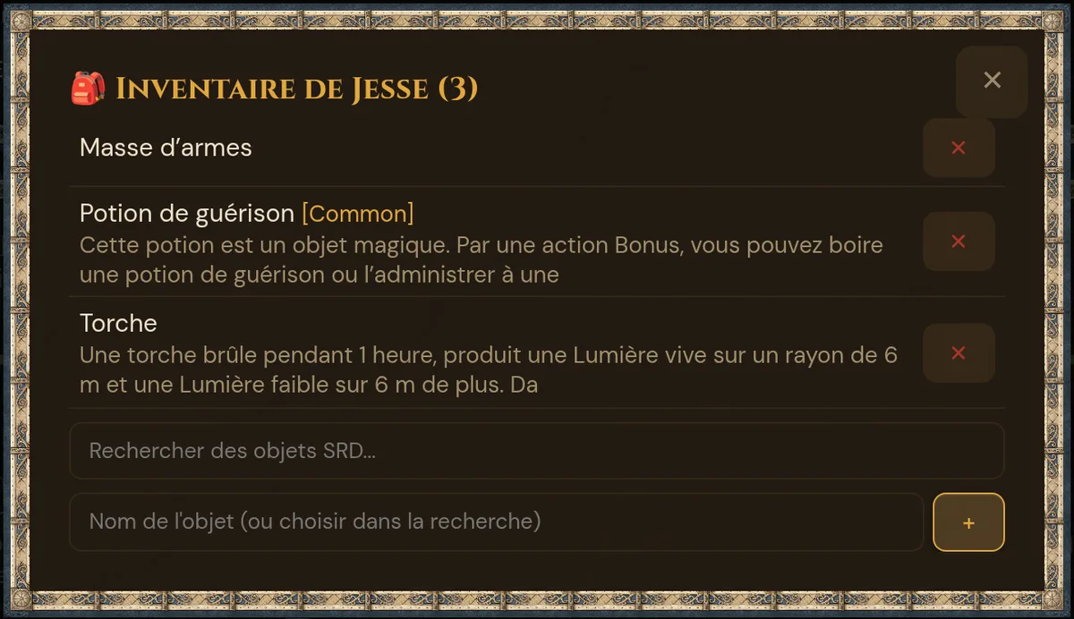 Fenêtre d'inventaire de Jesse : trois objets, la recherche d'objets SRD et le champ pour tes propres noms d'objets