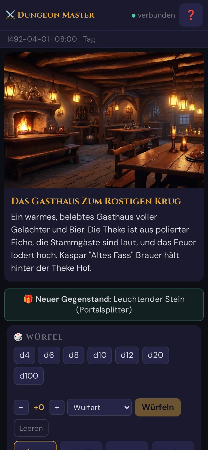 Spieler-Handy während der Sitzung: die Szene und der Hinweis Neuer Gegenstand: Leuchtender Stein (Portalsplitter)