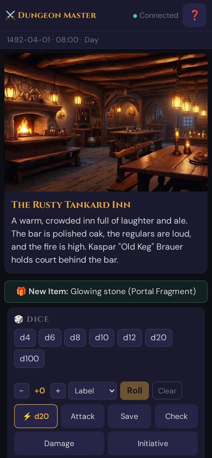 Player phone during the session: the scene and the notice New Item: Glowing stone (Portal Fragment)