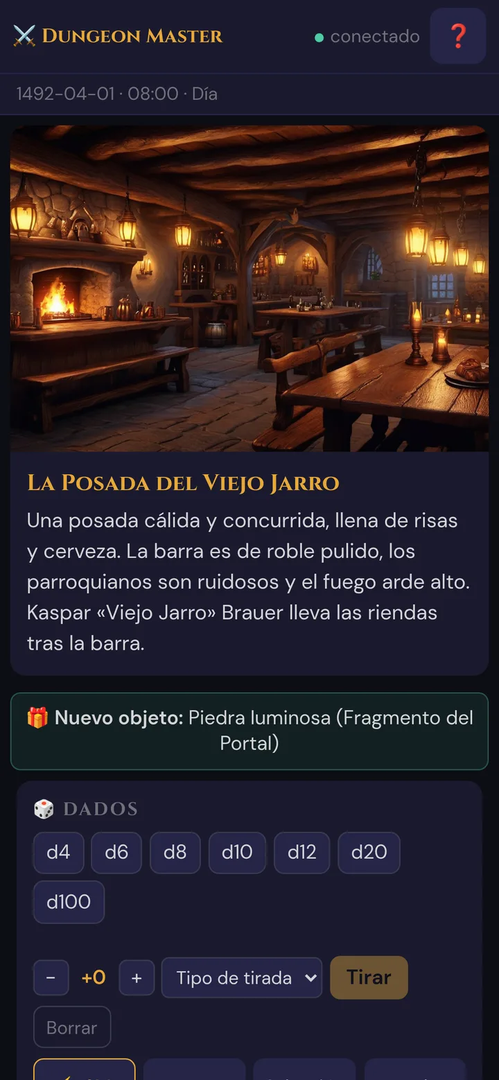 Móvil del jugador durante la sesión: la escena y el aviso Nuevo objeto: Piedra luminosa (Fragmento del Portal)