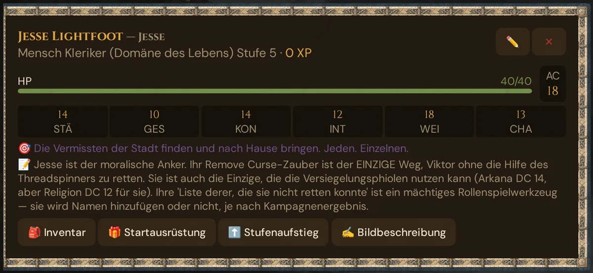 SC-Karte von Jesse Lightfoot: Spezies, Klasse und Stufe, XP, TP-Balken, RK, Attribute, persönliche Quest, GM-Notiz und die Knöpfe Inventar, Startausrüstung, Stufenaufstieg und Bildbeschreibung