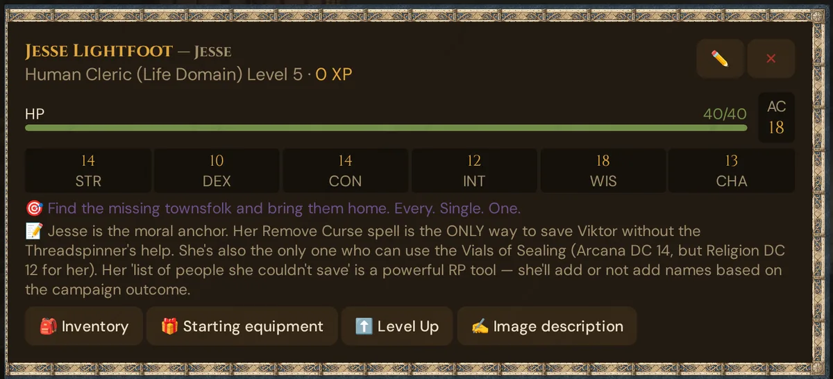 Jesse Lightfoot's PC card: species, class and level, XP, HP bar, AC, ability scores, personal quest, GM note and the buttons Inventory, Starting equipment, Level Up and Image description