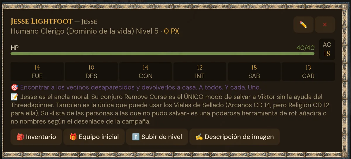 Tarjeta de PJ de Jesse Lightfoot: especie, clase y nivel, PX, barra de PG, CA, características, misión personal, nota del GM y los botones Inventario, Equipo inicial, Subir de nivel y Descripción de imagen