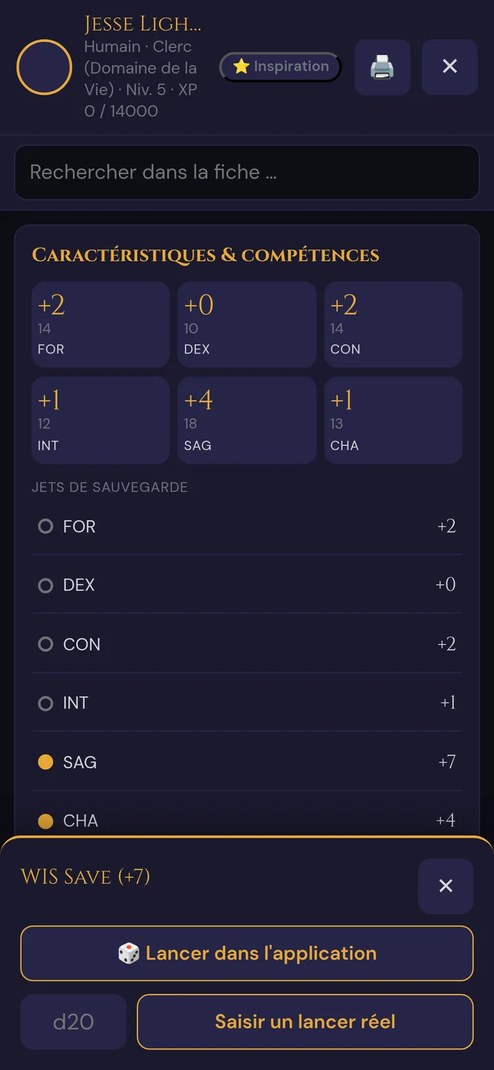 Sélecteur de jet pour un jet de sauvegarde de Sagesse sur le téléphone : Lancer dans l'application, ou saisir le d20 et appuyer sur Saisir un lancer réel