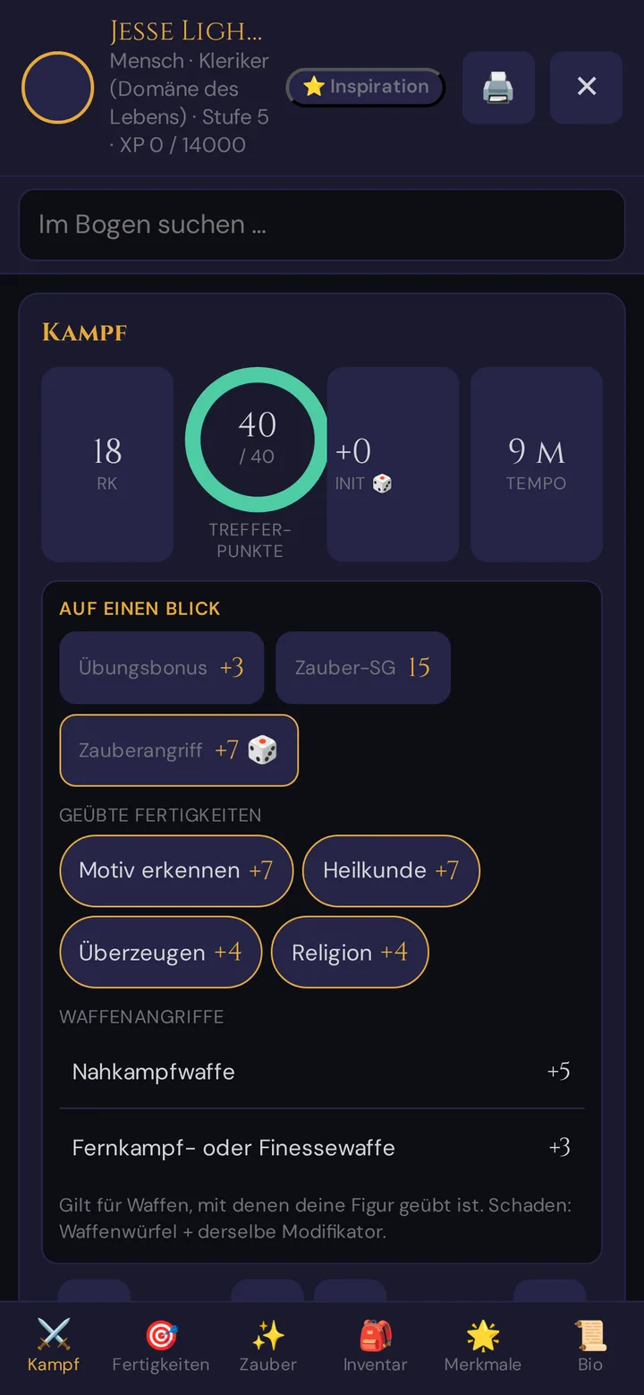 Der Charakterbogen am Handy: Kopfbereich mit Inspiration, Drucken und Schließen, Im Bogen suchen, Reiter Kampf mit RK, Trefferpunkten, Initiative, Tempo und Auf einen Blick, unten die Reiterleiste