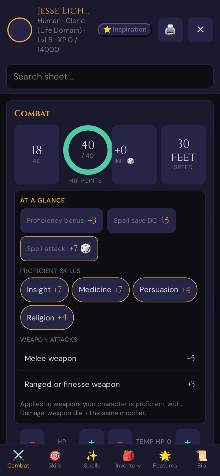 The character sheet on the phone: header with Inspiration, print and close, Search sheet, the Combat tab with AC, hit points, initiative, speed and At a glance, the tab bar at the bottom