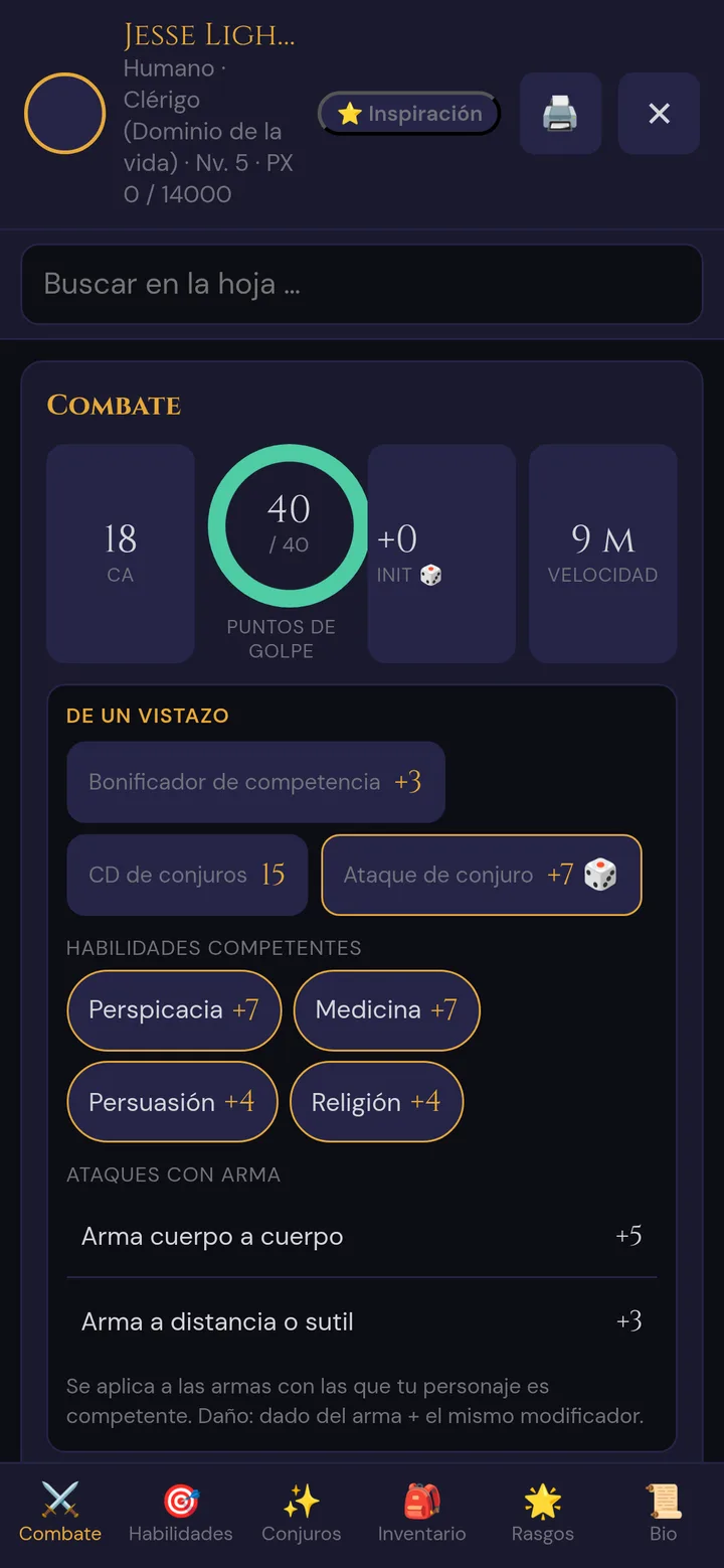 La hoja de personaje en el móvil: cabecera con Inspiración, imprimir y cerrar, Buscar en la hoja, pestaña Combate con CA, puntos de golpe, iniciativa, velocidad y De un vistazo, abajo la barra de pestañas