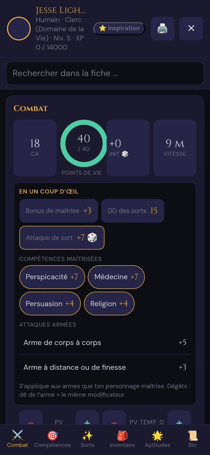 La feuille de personnage sur le téléphone : en-tête avec Inspiration, imprimer et fermer, Rechercher dans la fiche, onglet Combat avec CA, points de vie, initiative, vitesse et En un coup d’œil, la barre d'onglets en bas