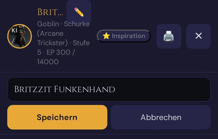 Der Kopfbereich des Charakterbogens mit geöffnetem Stift neben dem Namen: das Feld mit dem neuen Namen, Speichern und Abbrechen