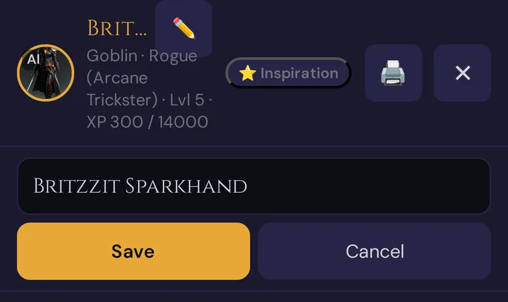 The header of the character sheet with the pencil next to the name opened: the field with the new name, Save and Cancel