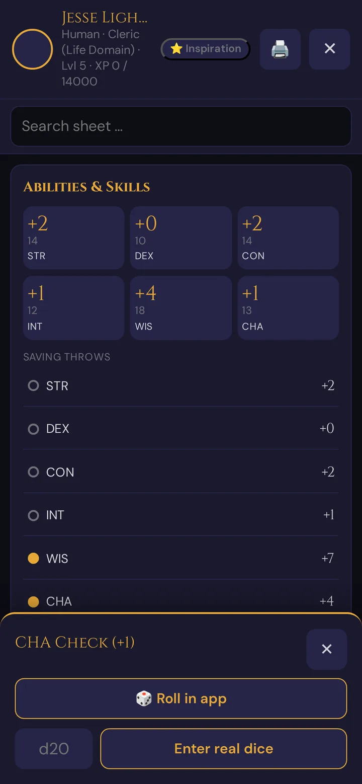 Roll chooser for a Charisma check: Roll in app, or type the d20 and tap Enter real dice