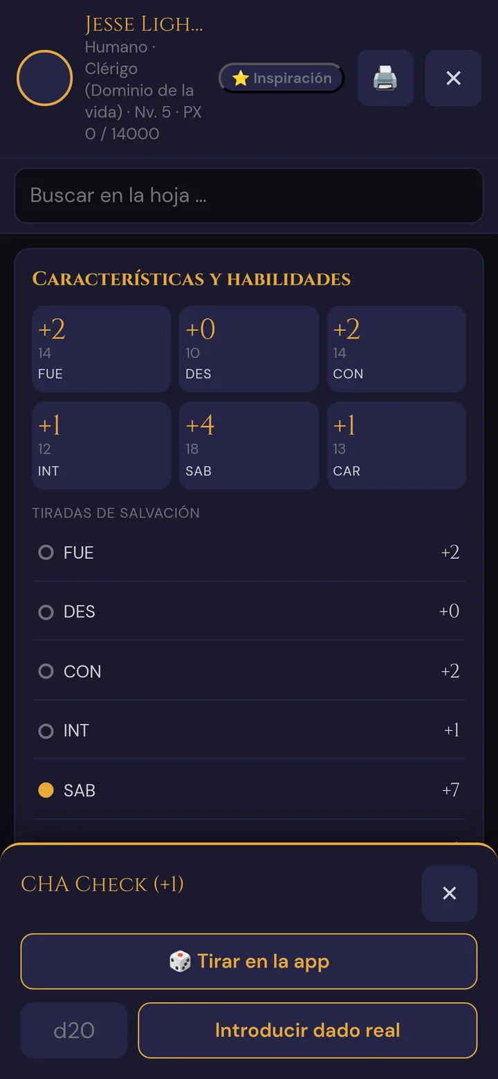 Selector de tirada para una prueba de Carisma: Tirar en la app, o escribir el d20 y tocar Introducir dado real