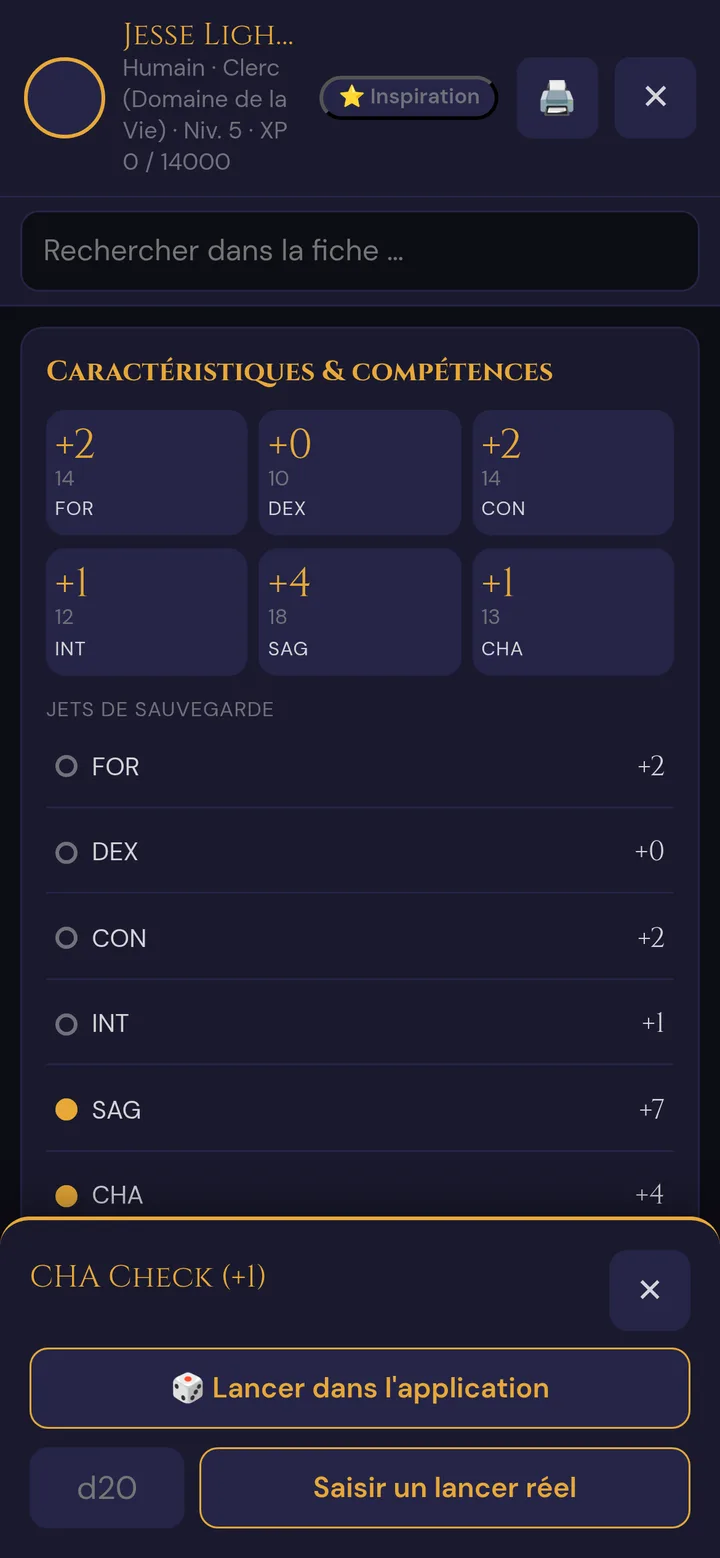 Sélecteur de jet pour un test de Charisme : Lancer dans l'application, ou saisir le d20 et appuyer sur Saisir un lancer réel