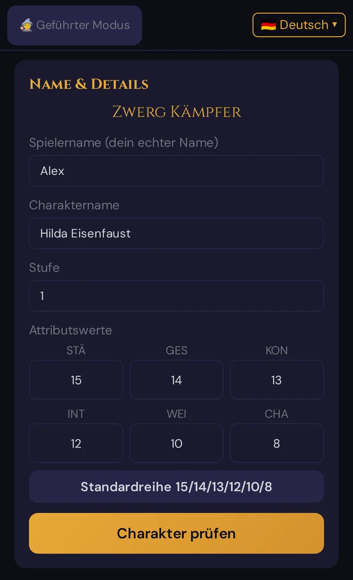 Klassischer Modus am Handy, Schritt Name & Details: die obere Leiste mit dem Modus-Knopf und dem Sprachmenü, Spieler- und Charaktername, Stufe und die sechs Attributswerte nach Standardreihe 15/14/13/12/10/8