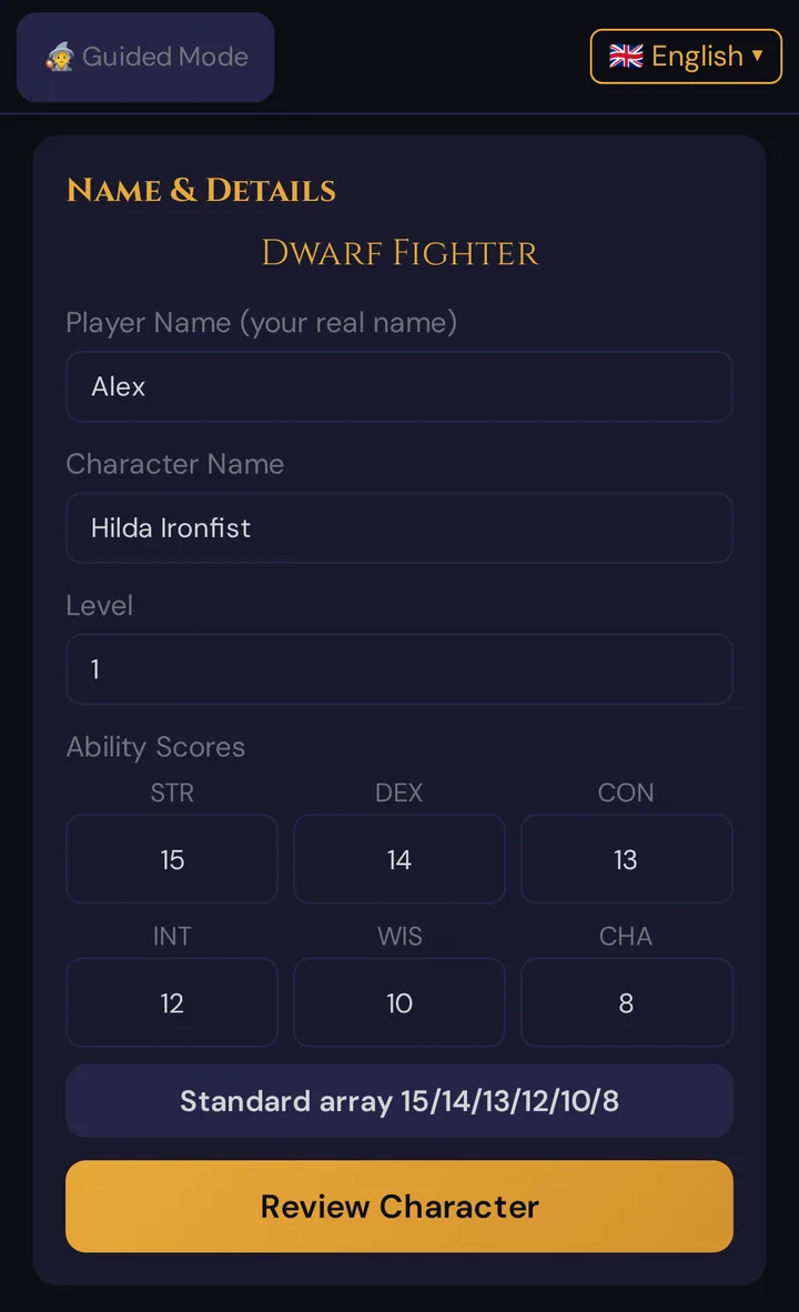 Classic mode on the phone, step Name & Details: the top bar with the mode button and the language menu, player and character name, level and the six Ability Scores after Standard array 15/14/13/12/10/8