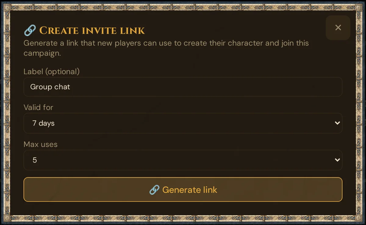 The Create invite link dialog: label, valid for, max uses and Generate link