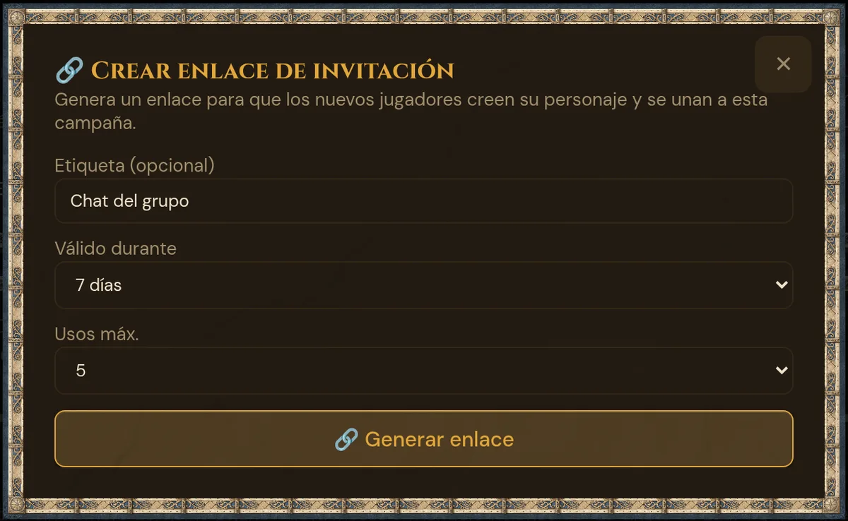 La ventana «Crear enlace de invitación»: etiqueta, válido durante, usos máx. y Generar enlace