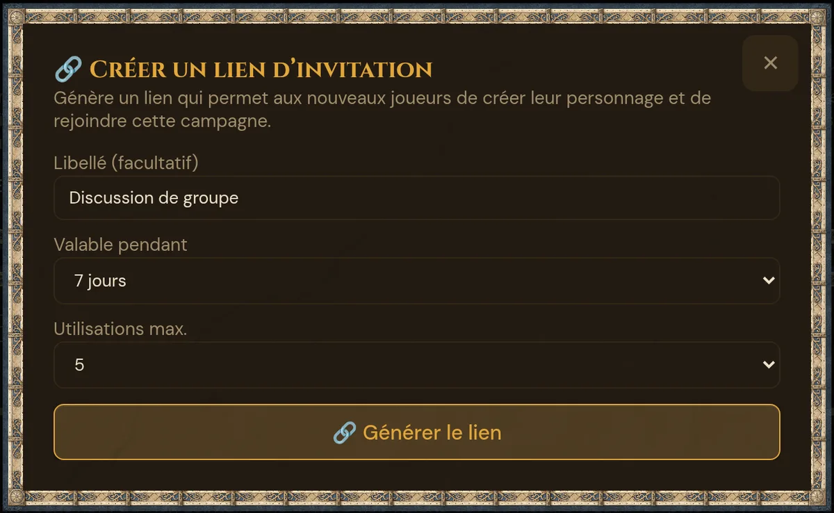 La fenêtre « Créer un lien d’invitation » : libellé, valable pendant, utilisations max. et Générer le lien