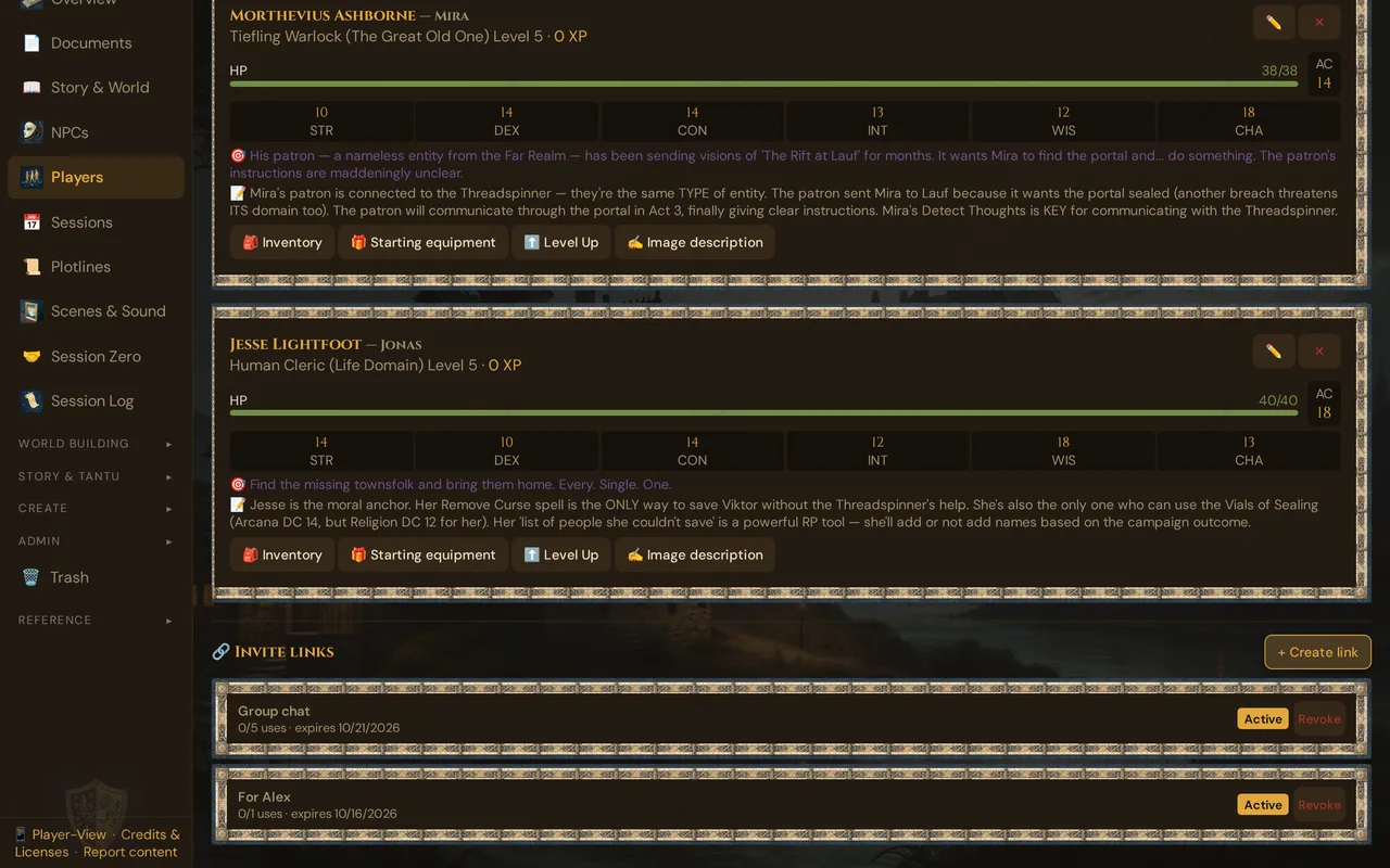 The Players section in Prep: below the character cards, the 🔗 Invite links list with + Create link and two active links