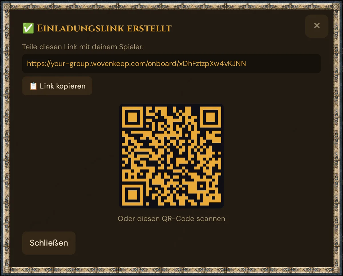 Einladungslink erstellt: der Link, Link kopieren und der QR-Code