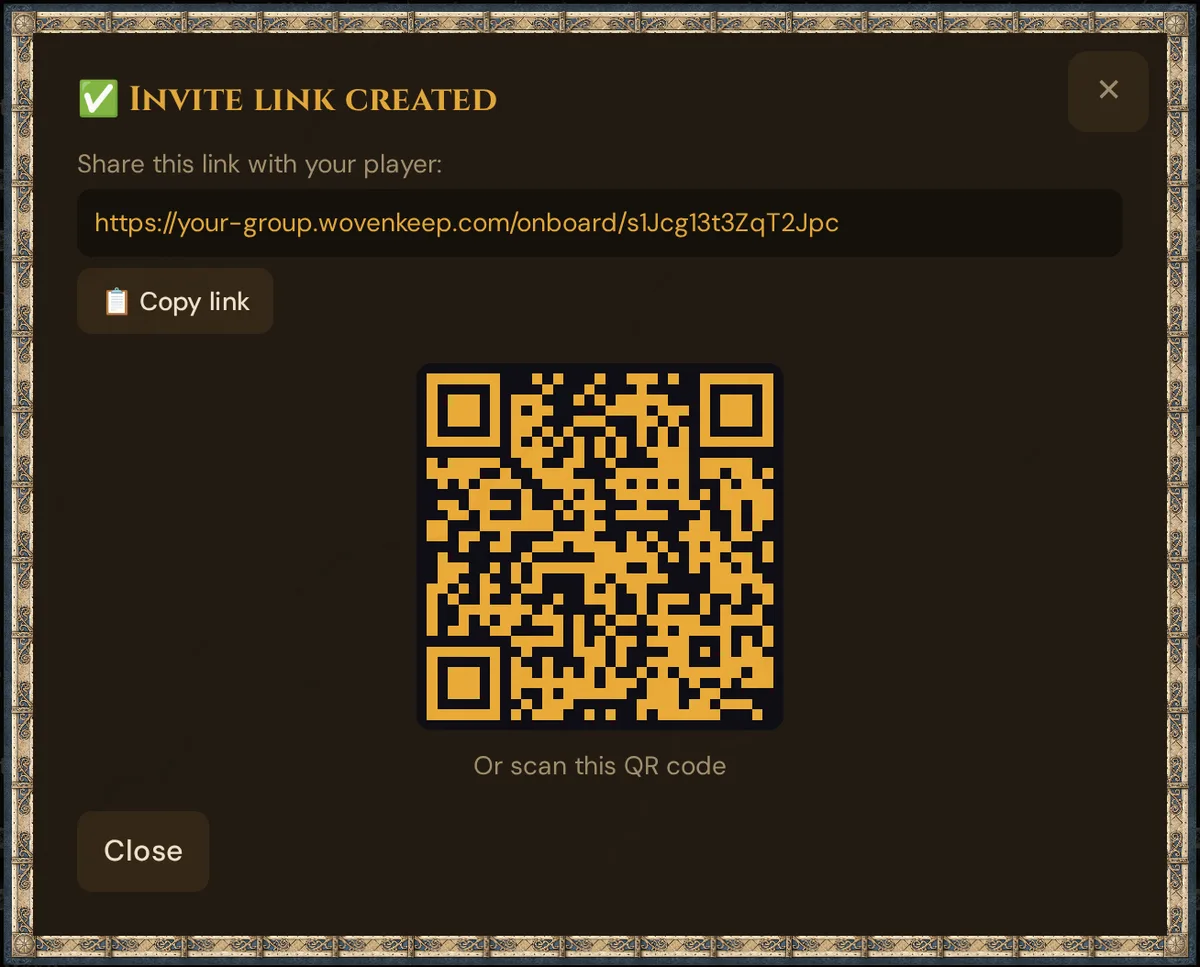 Invite link created: the link, Copy link and the QR code