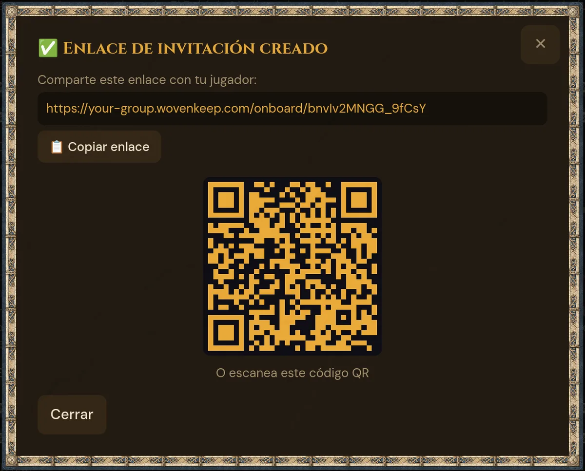 Enlace de invitación creado: el enlace, Copiar enlace y el código QR